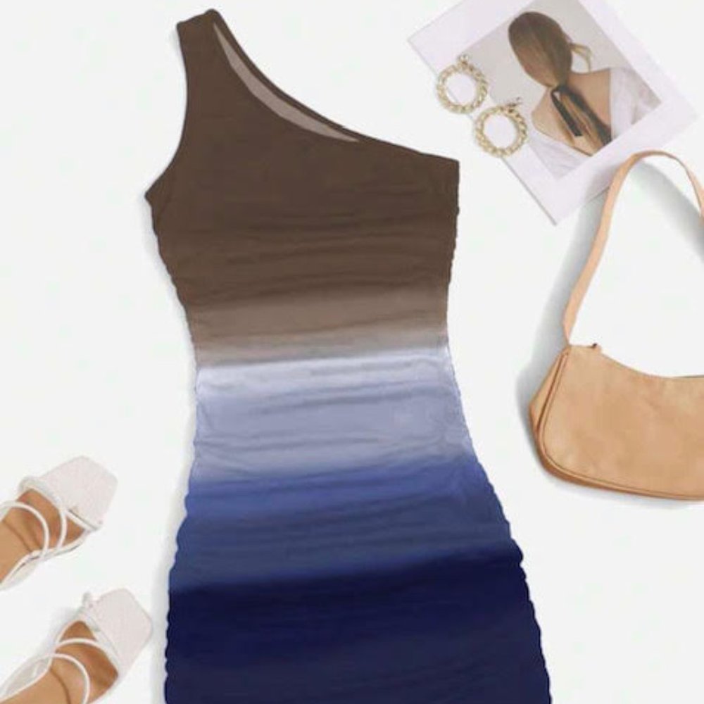 SHEIN Unity Ombre One Shoulder Ruched Side Bodycon Dress L (8/10)